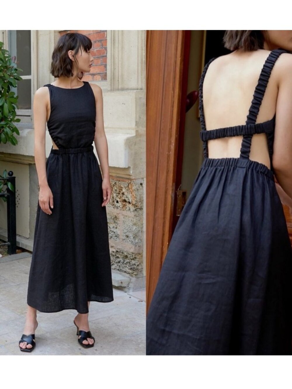 Natural Fiber Cotton Black High Neck Backless Midi Sundress SMALL Open Back Ligh